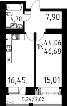 1-к квартира, строящийся дом, 47м2, 2/16 этаж