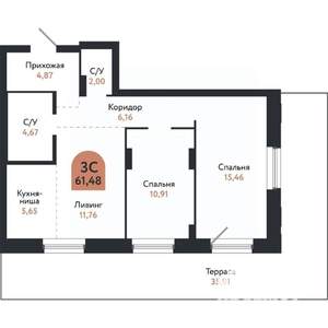 3-к квартира, вторичка, 61м2, 1/26 этаж