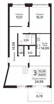 3-к квартира, вторичка, 90м2, 1/23 этаж