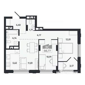 3-к квартира, вторичка, 57м2, 17/26 этаж