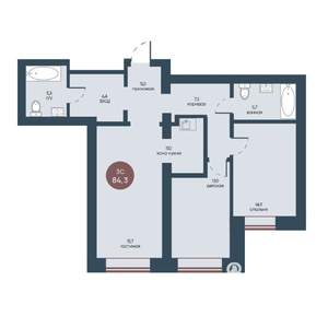 3-к квартира, строящийся дом, 84м2, 1/7 этаж