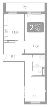 2-к квартира, вторичка, 62м2, 16/17 этаж