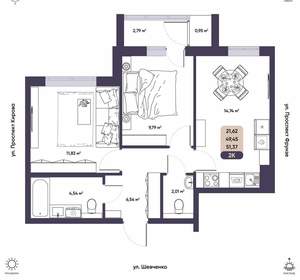 2-к квартира, вторичка, 51м2, 7/16 этаж