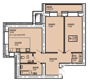 3-к квартира, строящийся дом, 77м2, 4/9 этаж