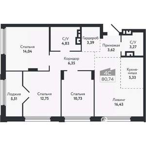 4-к квартира, вторичка, 81м2, 6/26 этаж