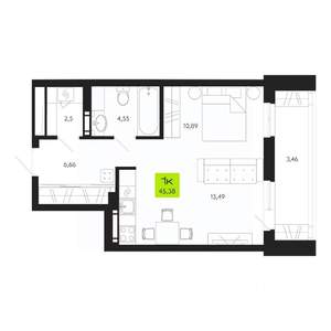 1-к квартира, строящийся дом, 45м2, 11/19 этаж