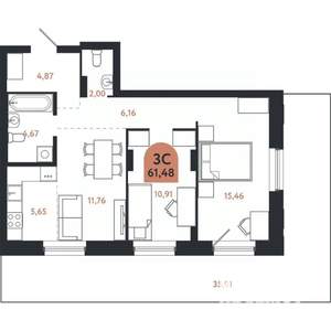 3-к квартира, вторичка, 61м2, 1/26 этаж