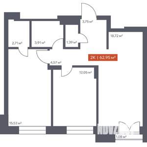 2-к квартира, строящийся дом, 63м2, 15/30 этаж