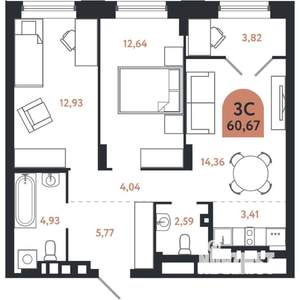 3-к квартира, строящийся дом, 61м2, 2/26 этаж