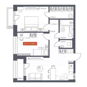 2-к квартира, вторичка, 67м2, 5/10 этаж