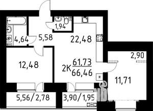 2-к квартира, строящийся дом, 66м2, 3/9 этаж