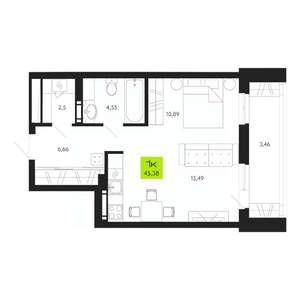 1-к квартира, строящийся дом, 45м2, 18/19 этаж