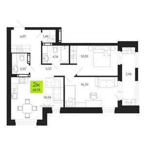 2-к квартира, вторичка, 68м2, 19/19 этаж