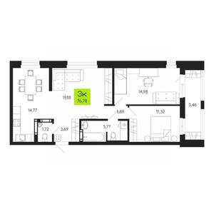 3-к квартира, вторичка, 77м2, 2/19 этаж