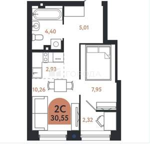 2-к квартира, вторичка, 31м2, 2/26 этаж