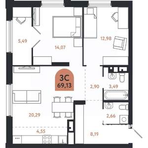 3-к квартира, вторичка, 69м2, 10/26 этаж