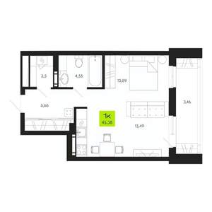 1-к квартира, строящийся дом, 45м2, 9/19 этаж