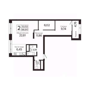 2-к квартира, вторичка, 65м2, 2/23 этаж