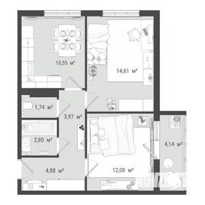 2-к квартира, строящийся дом, 55м2, 3/16 этаж