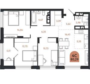 4-к квартира, вторичка, 80м2, 17/26 этаж