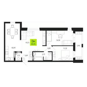 3-к квартира, строящийся дом, 80м2, 11/19 этаж