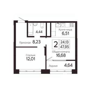 2-к квартира, вторичка, 46м2, 16/23 этаж