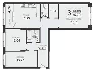 3-к квартира, вторичка, 90м2, 2/23 этаж