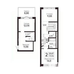 2-к квартира, вторичка, 73м2, 1/23 этаж