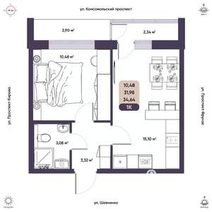 1-к квартира, вторичка, 32м2, 2/9 этаж
