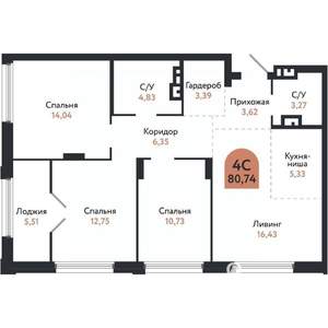 4-к квартира, вторичка, 81м2, 6/26 этаж