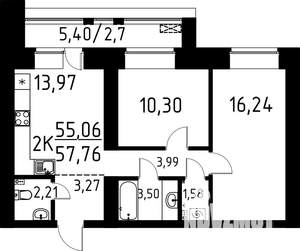 2-к квартира, строящийся дом, 58м2, 8/9 этаж