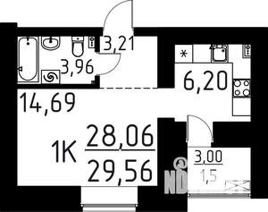 1-к квартира, строящийся дом, 30м2, 12/16 этаж
