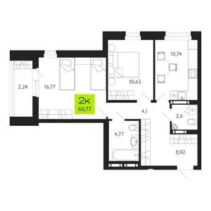 2-к квартира, строящийся дом, 61м2, 12/19 этаж