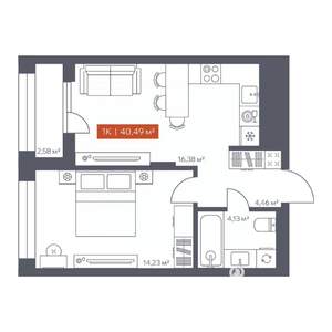 1-к квартира, вторичка, 40м2, 7/10 этаж