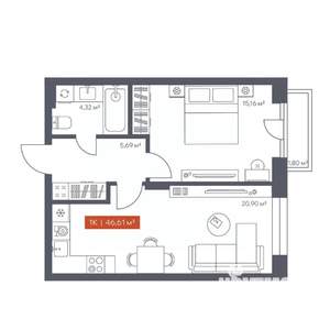1-к квартира, строящийся дом, 47м2, 6/30 этаж