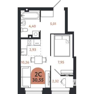 2-к квартира, строящийся дом, 31м2, 2/26 этаж