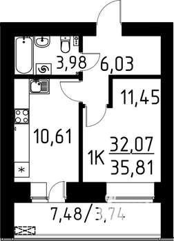 1-к квартира, строящийся дом, 36м2, 3/9 этаж