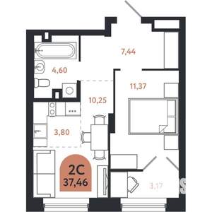 2-к квартира, строящийся дом, 37м2, 2/26 этаж