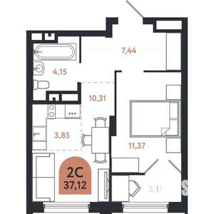 2-к квартира, вторичка, 37м2, 17/26 этаж