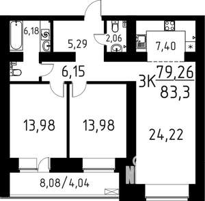 3-к квартира, строящийся дом, 83м2, 8/16 этаж
