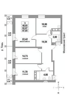 3-к квартира, строящийся дом, 88м2, 18/22 этаж
