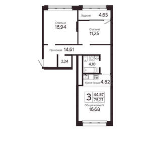 3-к квартира, вторичка, 75м2, 5/23 этаж