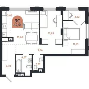 3-к квартира, строящийся дом, 63м2, 10/26 этаж