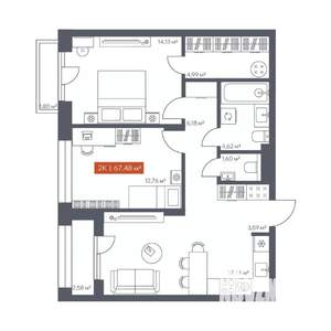 2-к квартира, вторичка, 67м2, 4/10 этаж