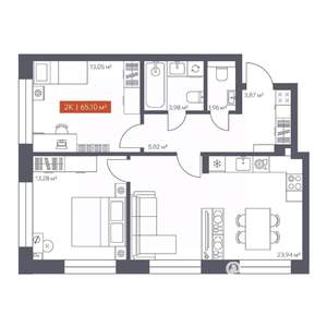 2-к квартира, строящийся дом, 65м2, 2/30 этаж