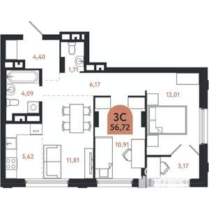 3-к квартира, вторичка, 57м2, 22/26 этаж