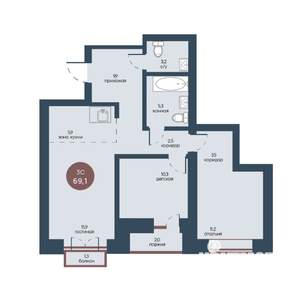 3-к квартира, строящийся дом, 69м2, 3/7 этаж