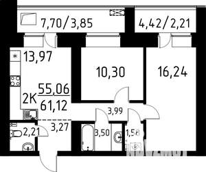 2-к квартира, строящийся дом, 61м2, 4/9 этаж