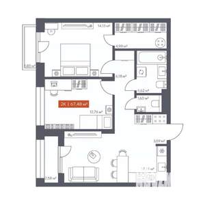 2-к квартира, вторичка, 67м2, 6/10 этаж
