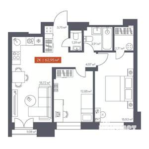 2-к квартира, вторичка, 63м2, 12/30 этаж